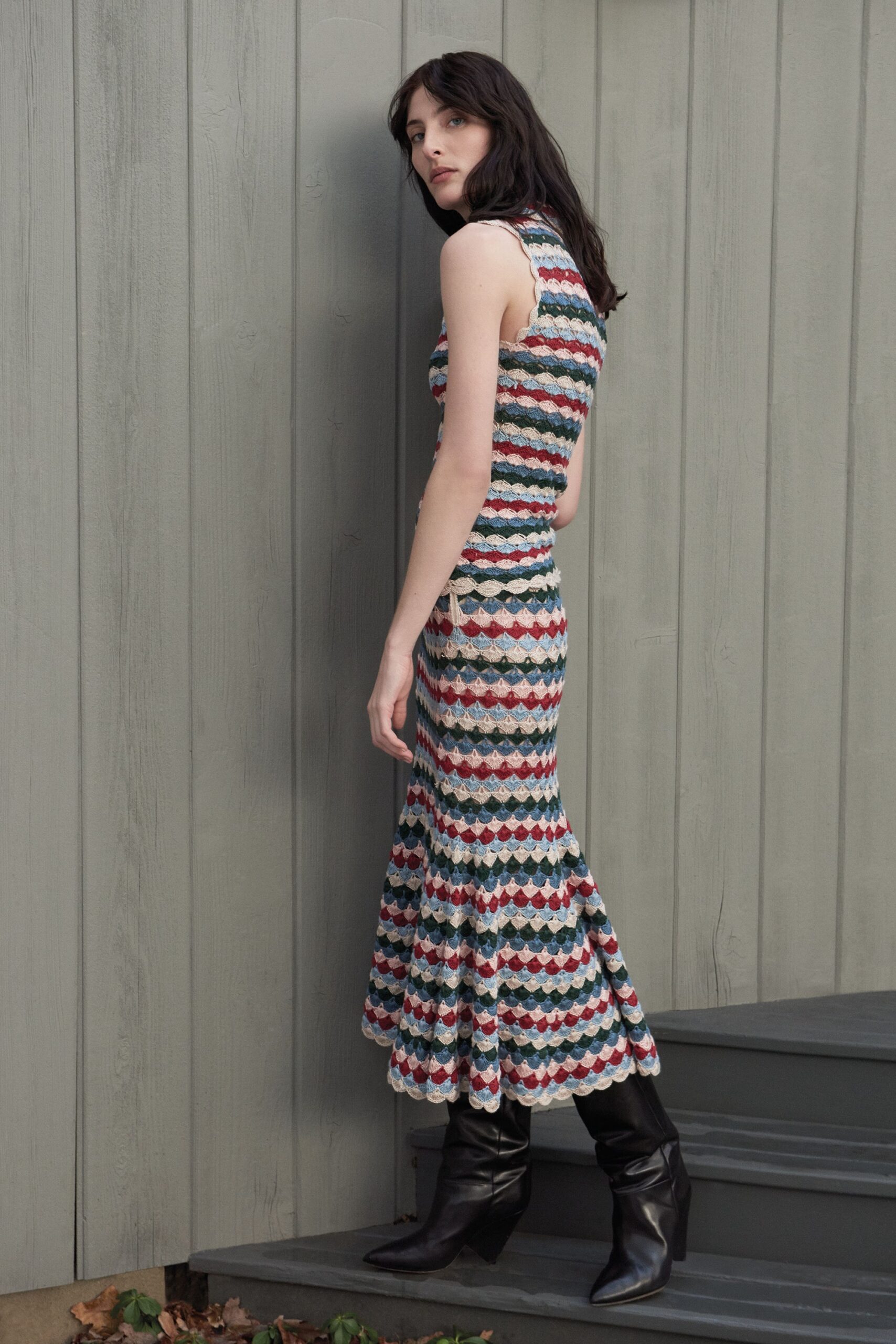 multi knit sleeveless high-neck fitted flared midi dress