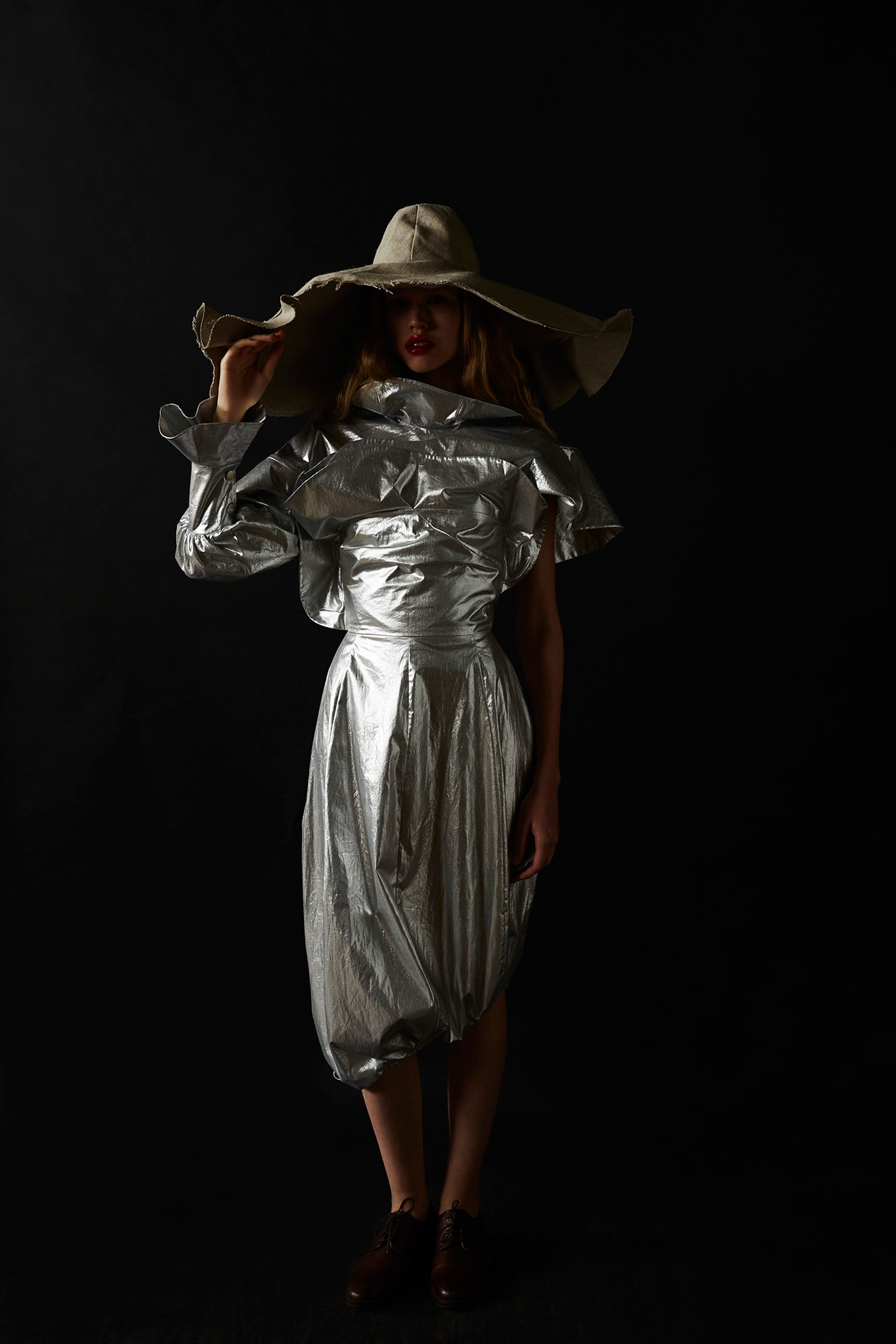gray metallic sleeveless high-neck fitted ruffled draped dress