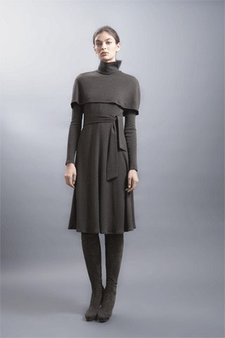 gray wool long-sleeve high-neck fitted belted a-line dress