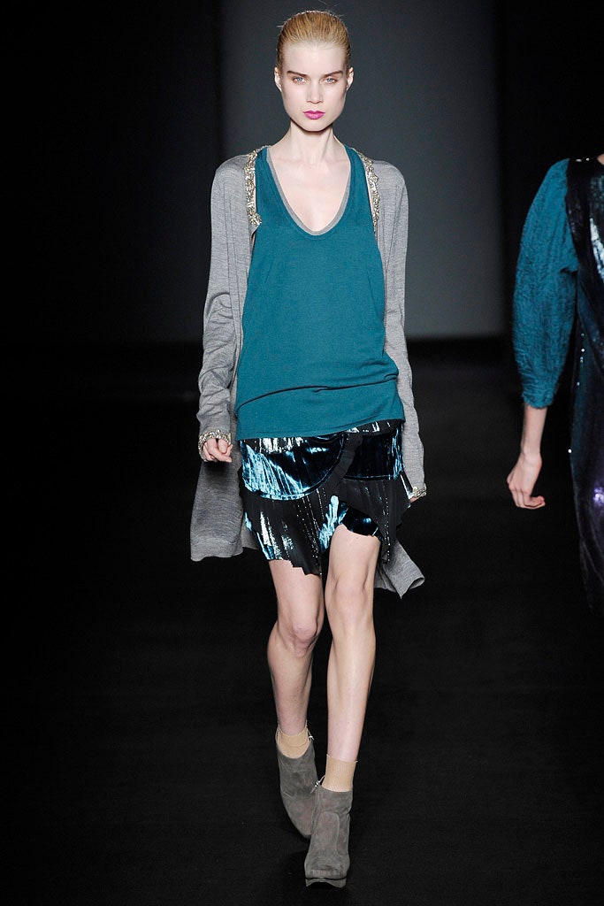 teal silk top with gray cardigan