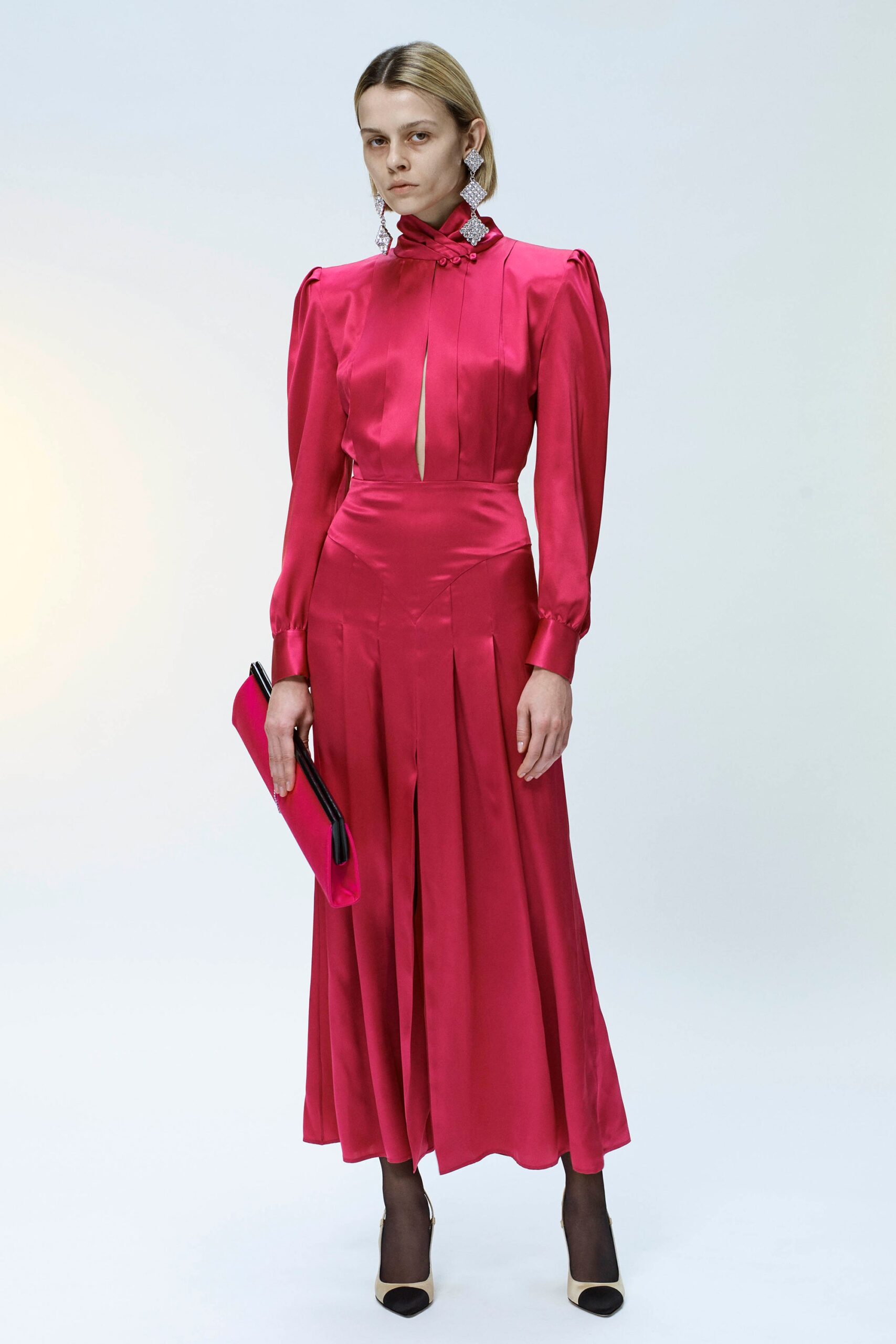 pink silk long-sleeve high-neck fitted pleated shiny dress