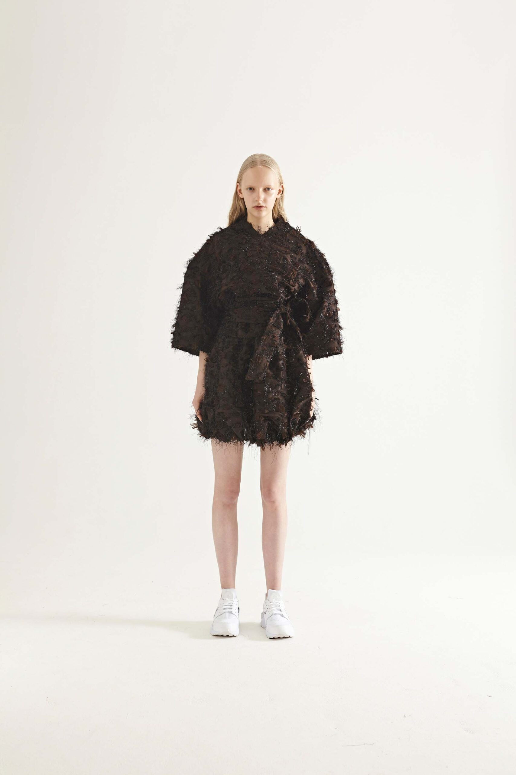 black fur ruffled mini dress