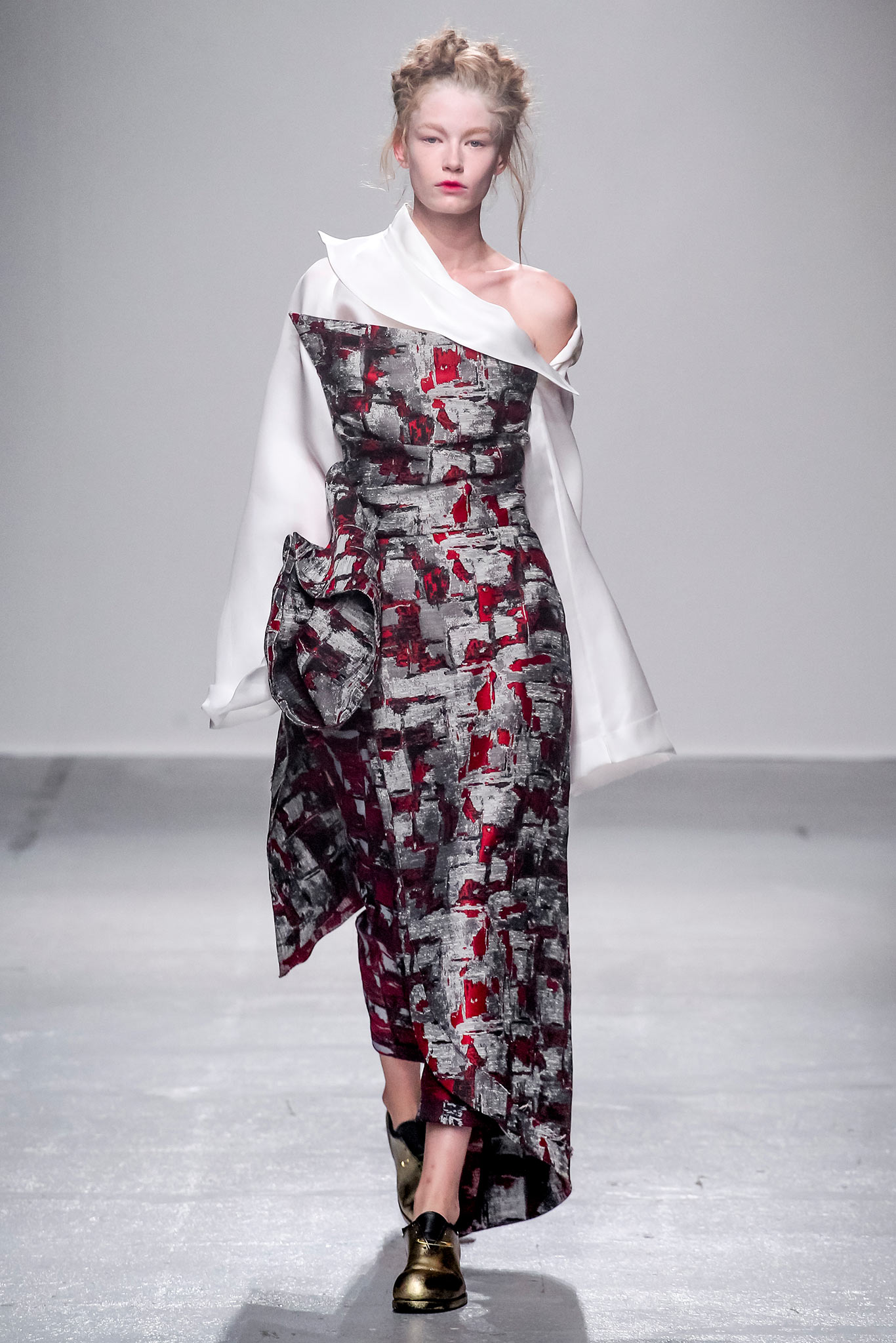 asymmetric red gray white dress