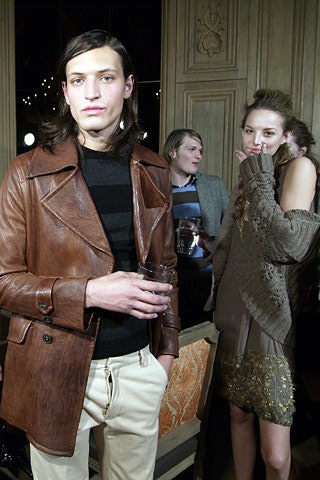 brown leather jacket gray sweater beige dress