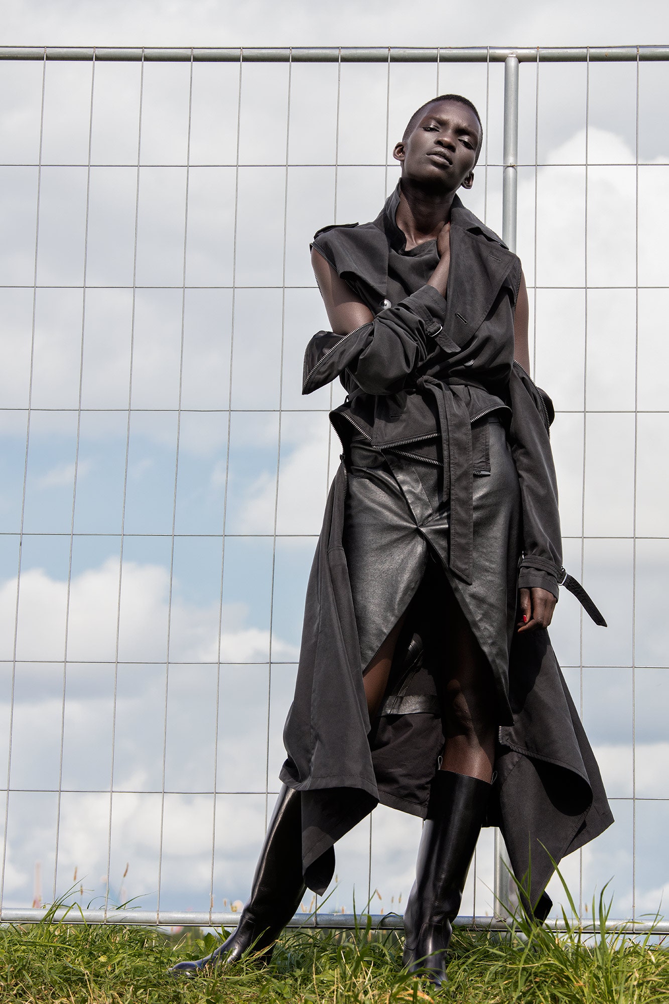 black cotton long-sleeve collared oversized draped coat
