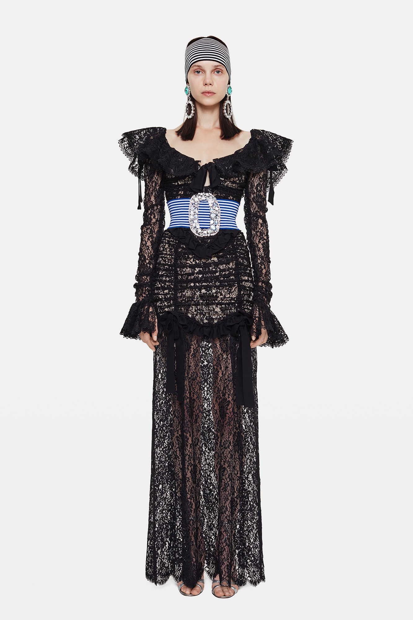 black lace long-sleeve off-shoulder fitted ruffled tiered dress