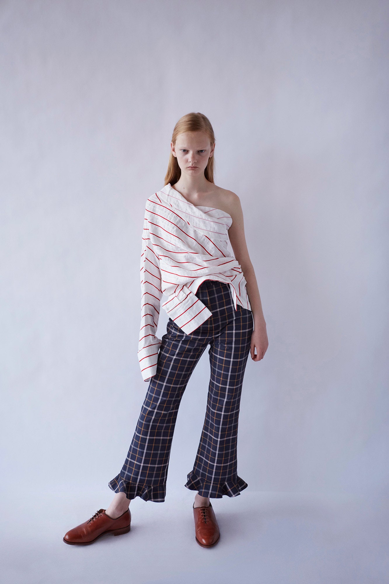 blue fitted checked flared pants