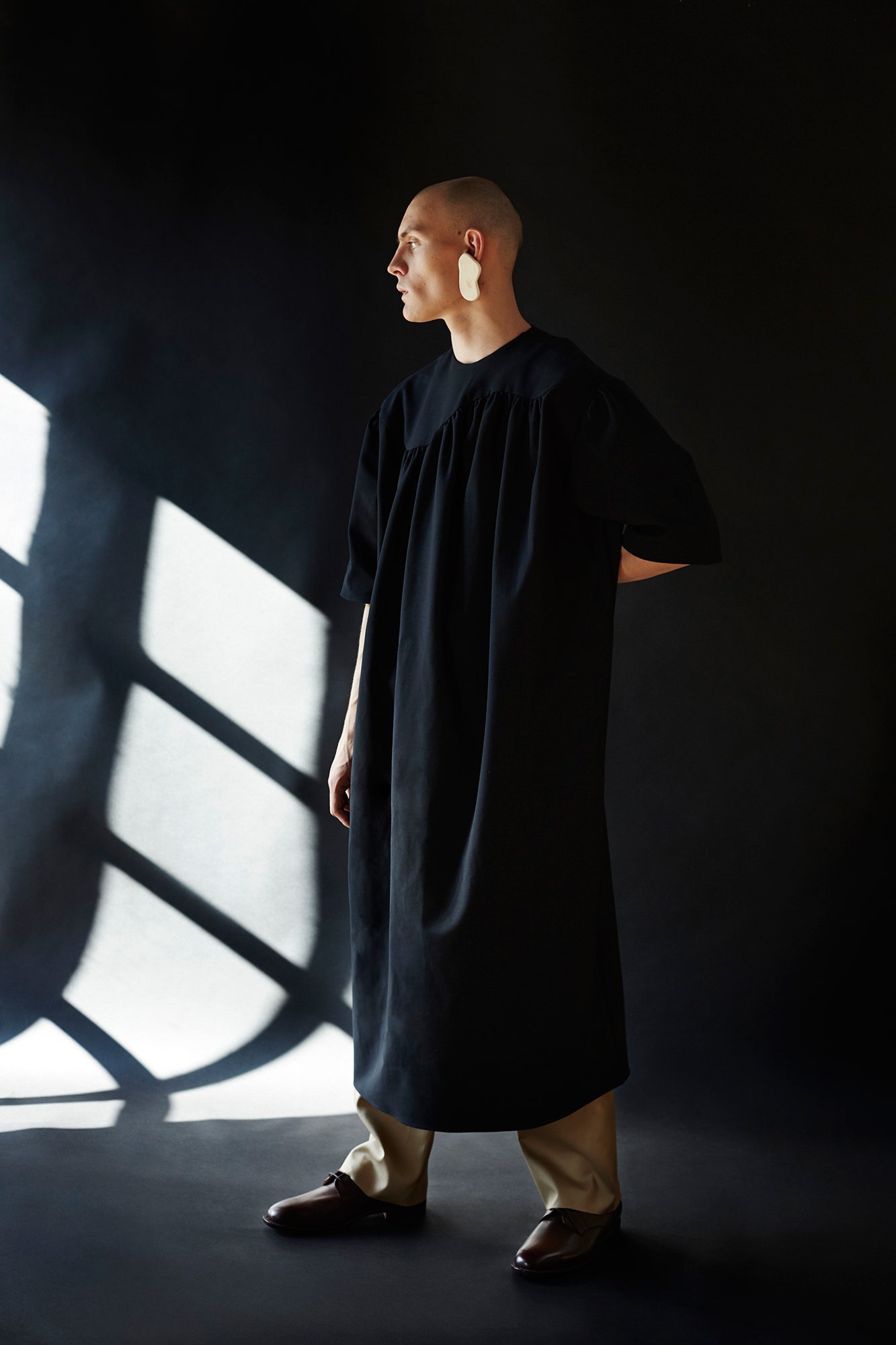 black cotton short-sleeve high-neck relaxed straight-leg maxi dress