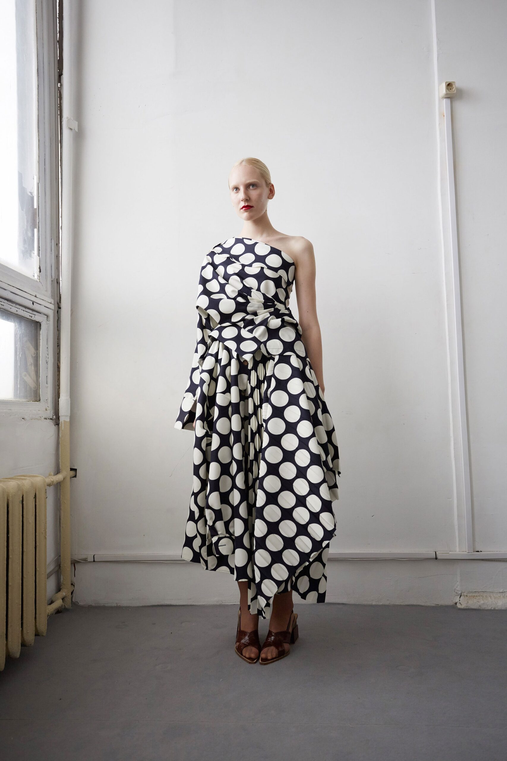 black and white polka-dot dress