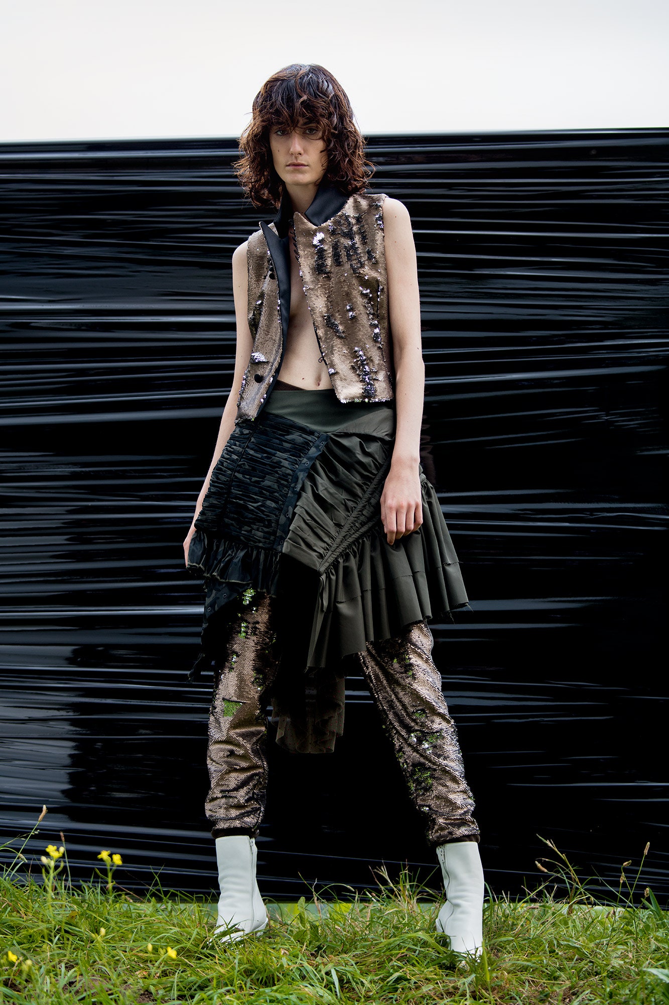 gold sequin sleeveless collared fitted layered shiny vest