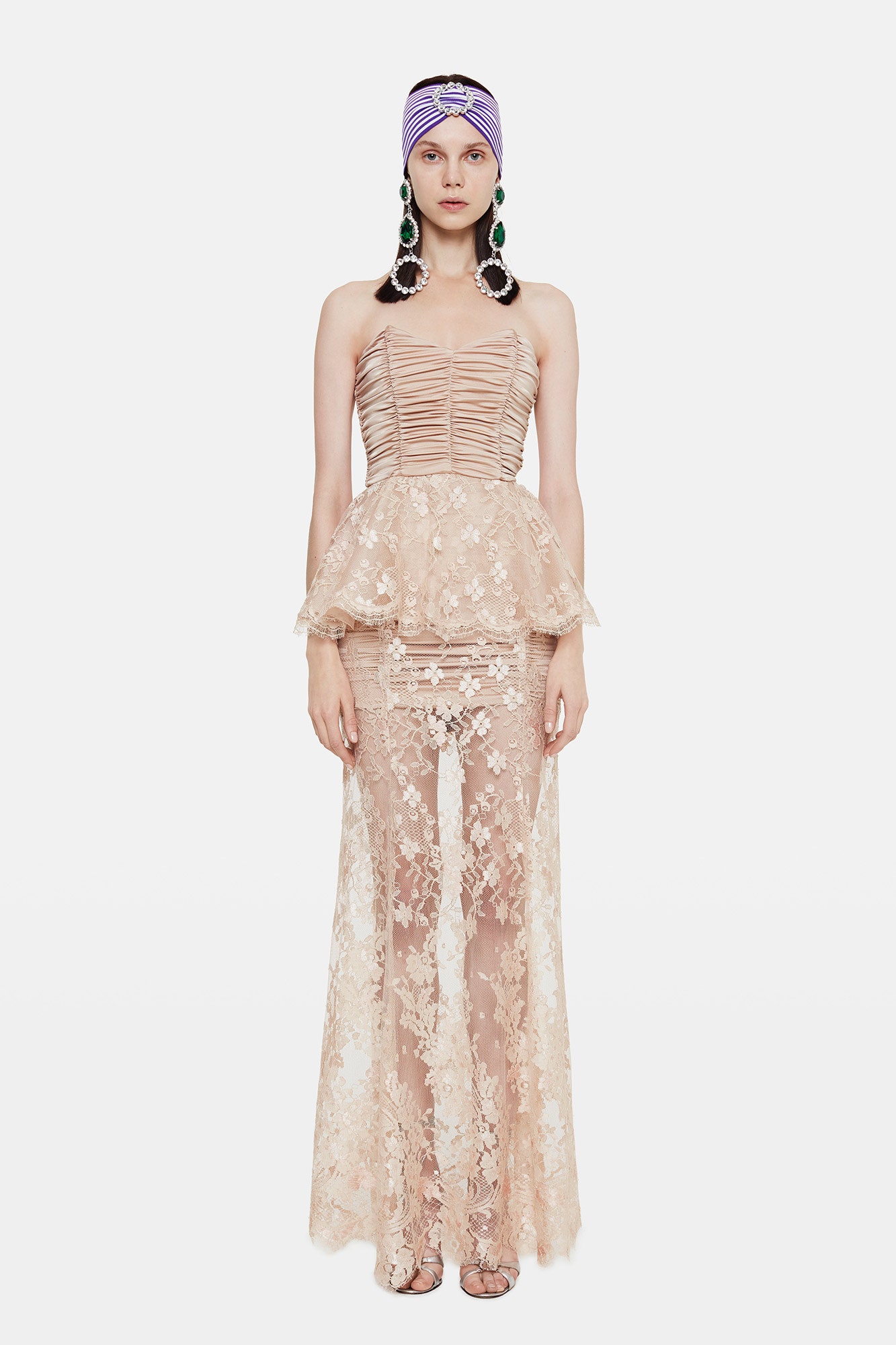 beige lace strapless gown