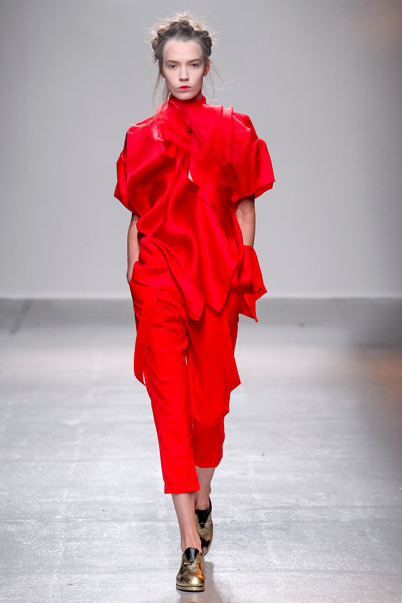 red silk short-sleeve high-neck relaxed draped top