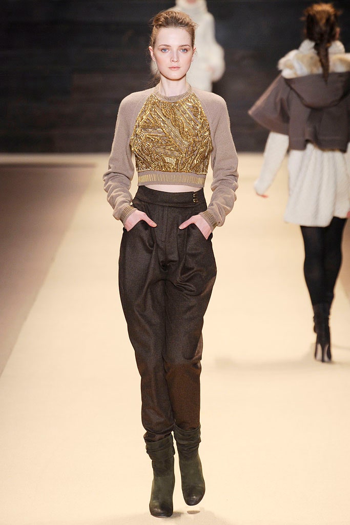 beige silk long-sleeve high-neck fitted embroidered top