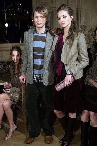 gray tweed blazer and maroon velvet dress