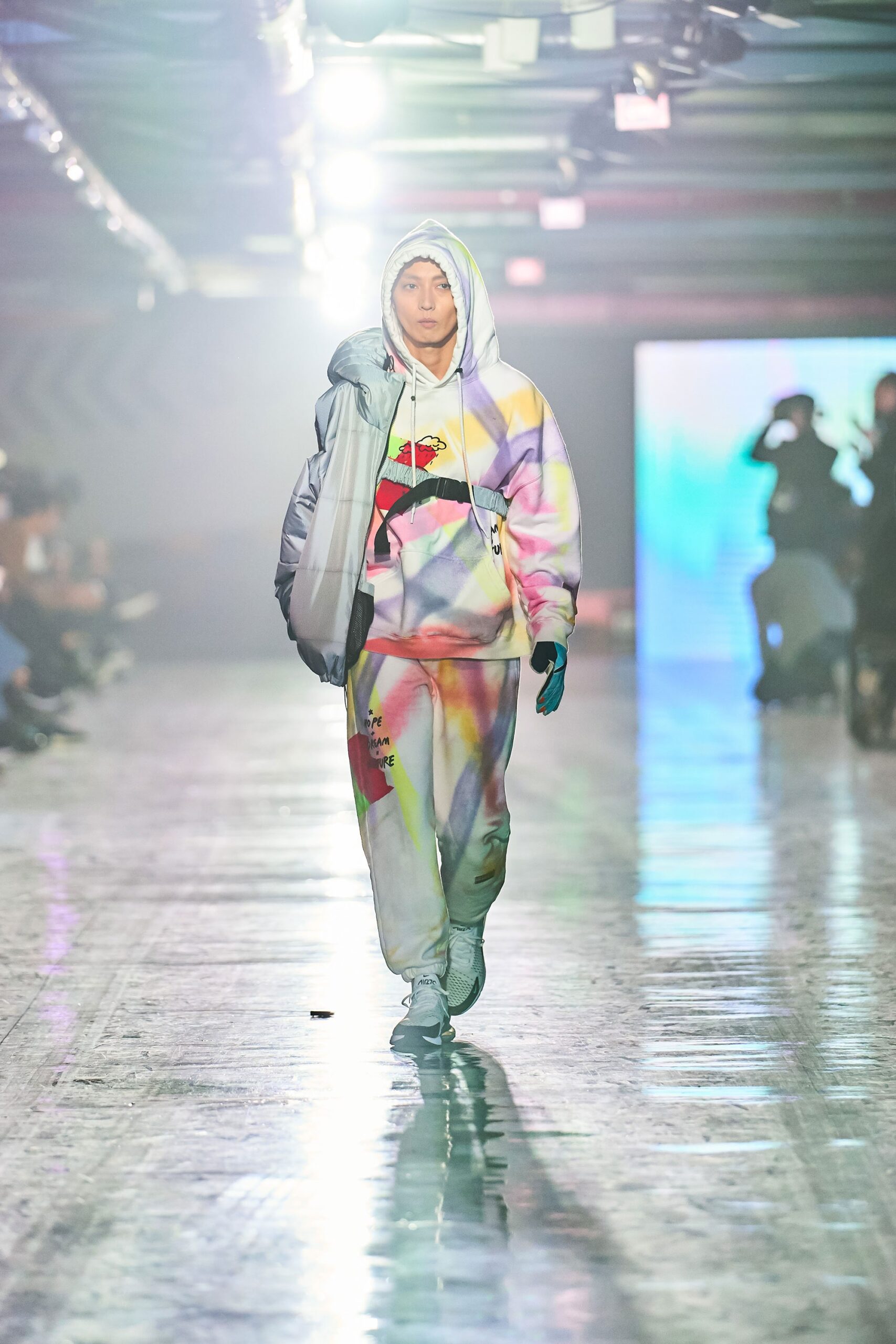 A relaxed multicolor hoodie with long sleeves and matching printed pants for a casual look.