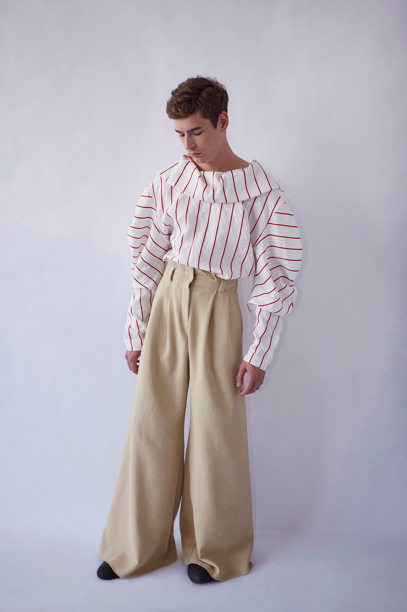 beige wool tailored wide-leg pants