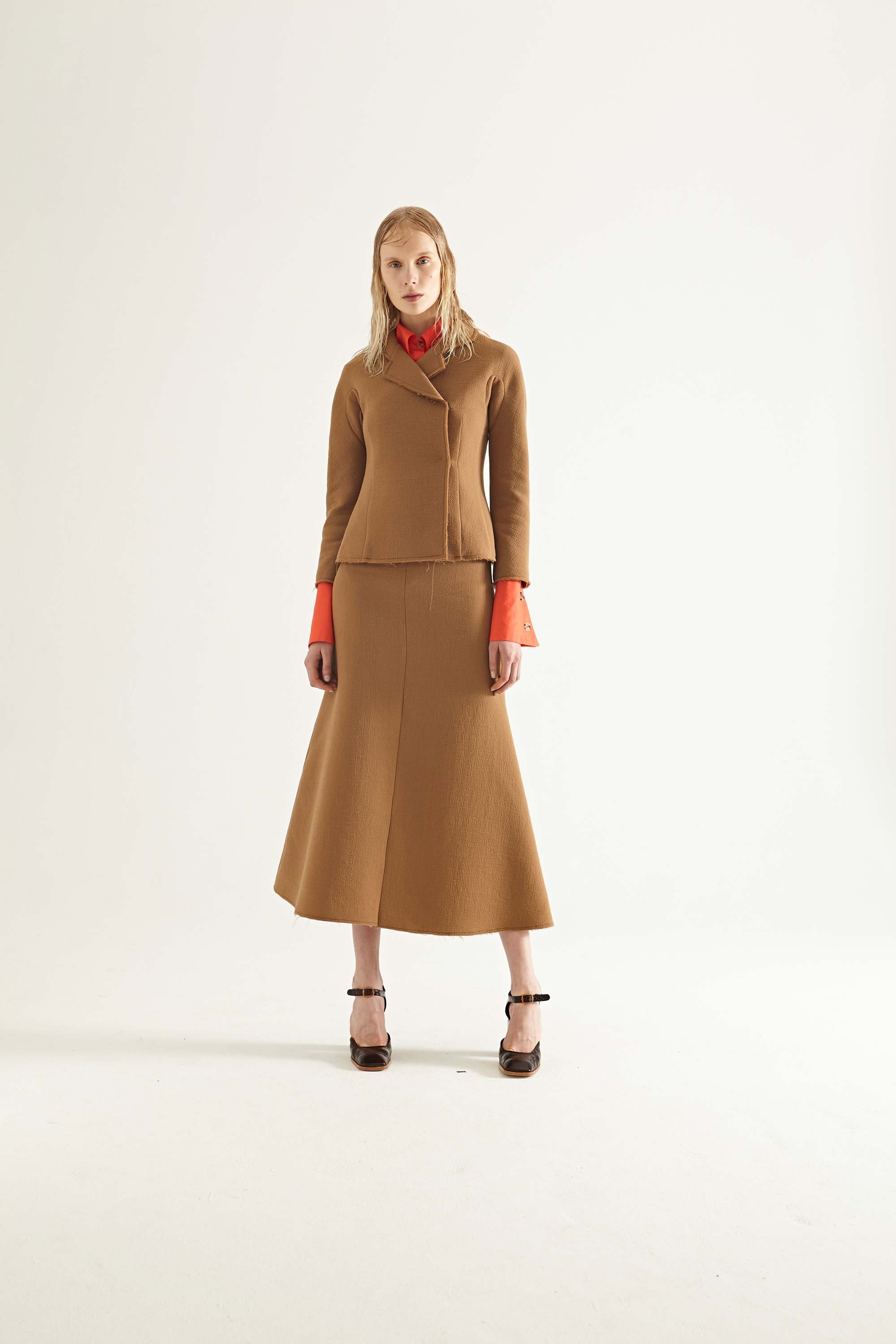 brown wool blazer and skirt