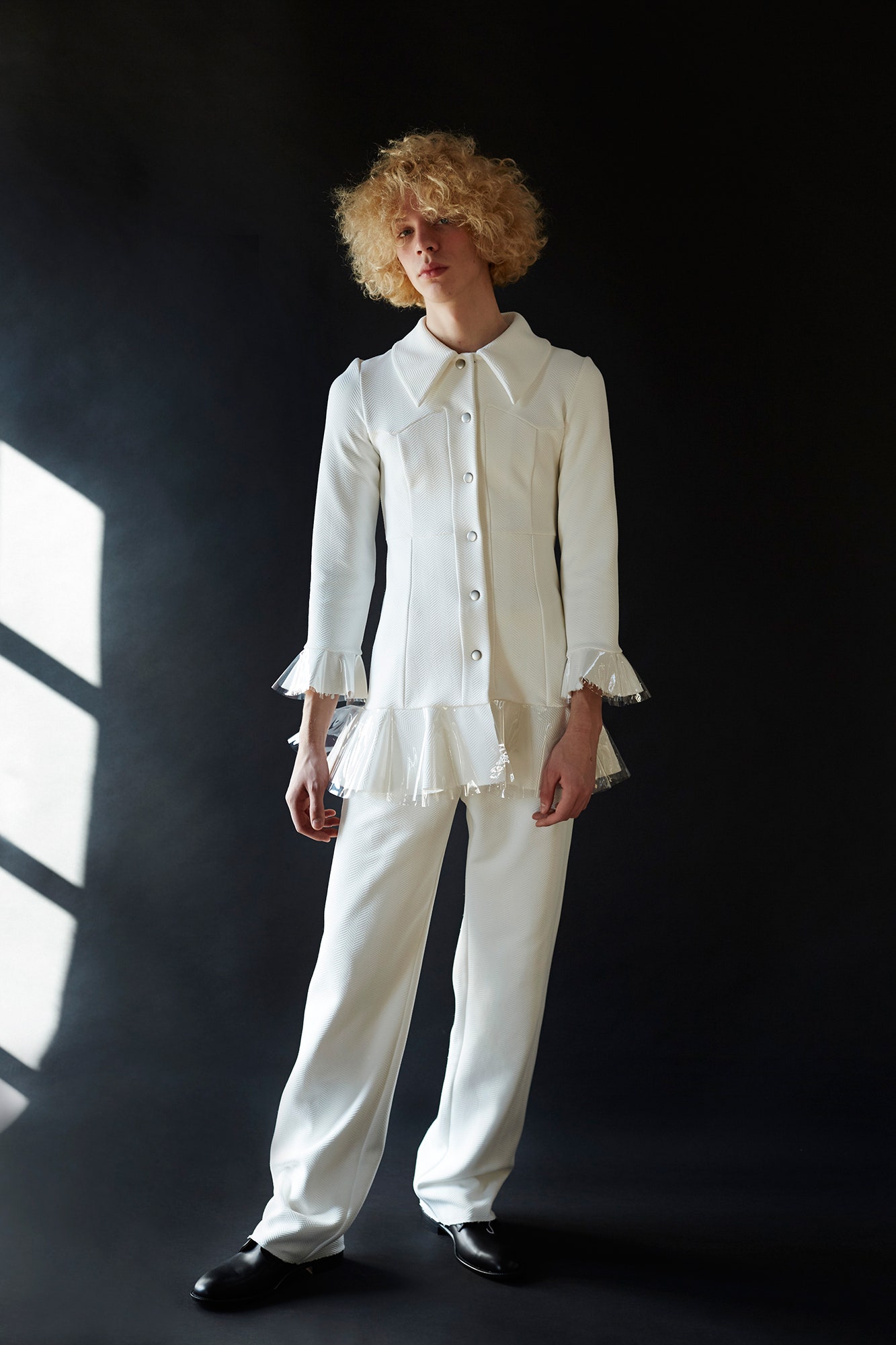 white fitted blouse and pants
