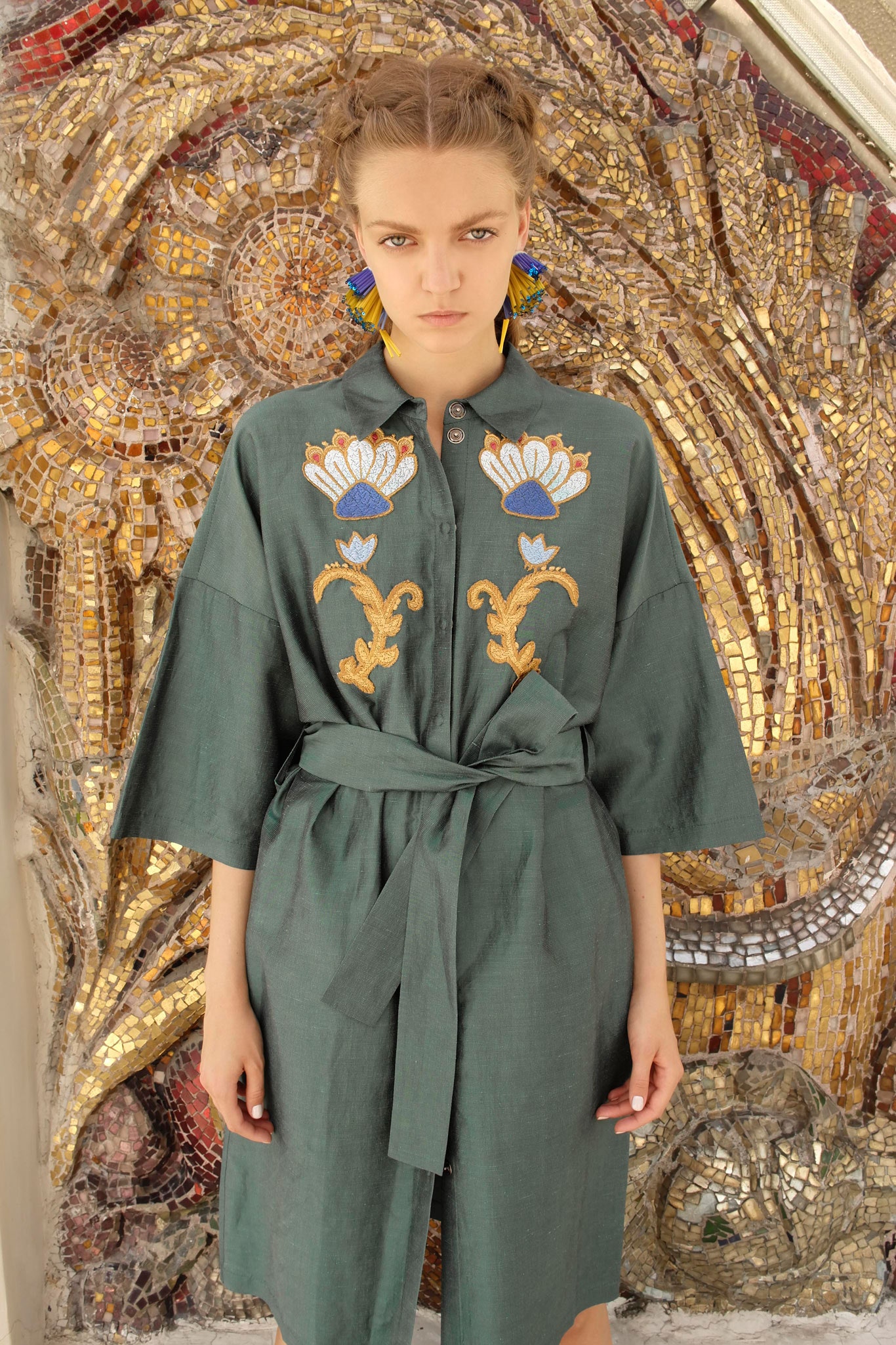 green embroidered shirt-dress
