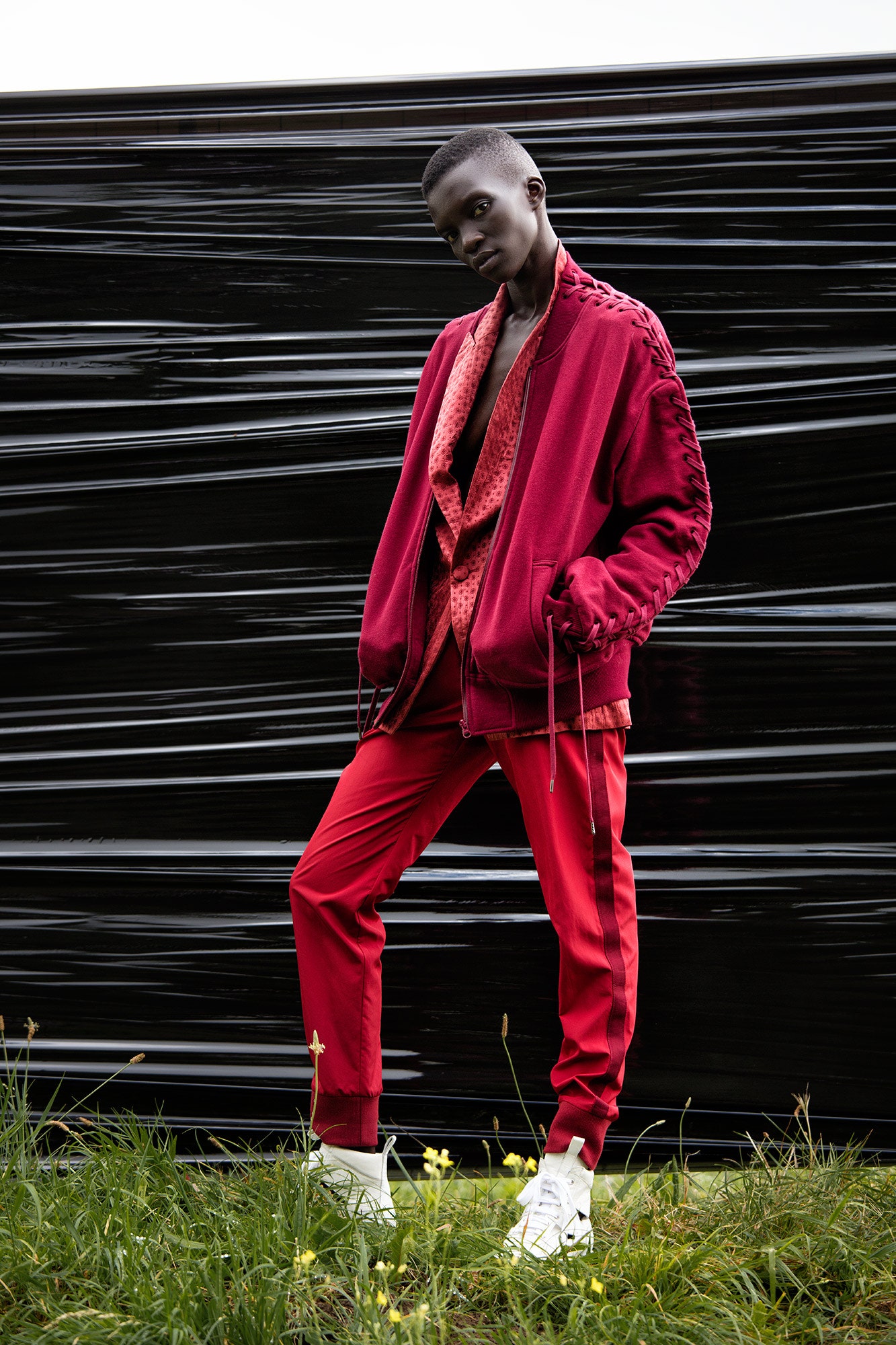 red cotton long-sleeve collared relaxed zippered jacket