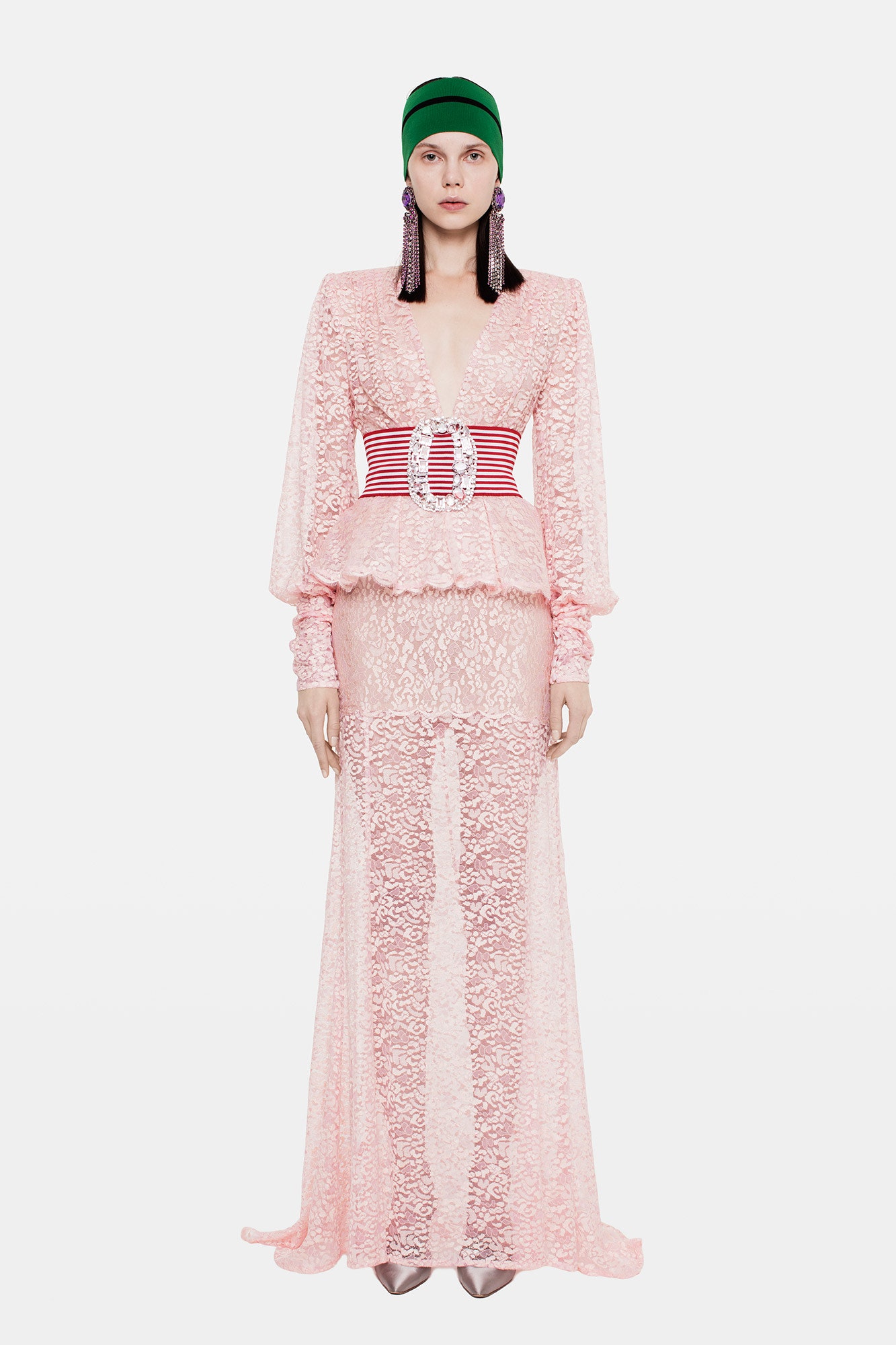 pink lace long-sleeve v-neck fitted tiered belted dress