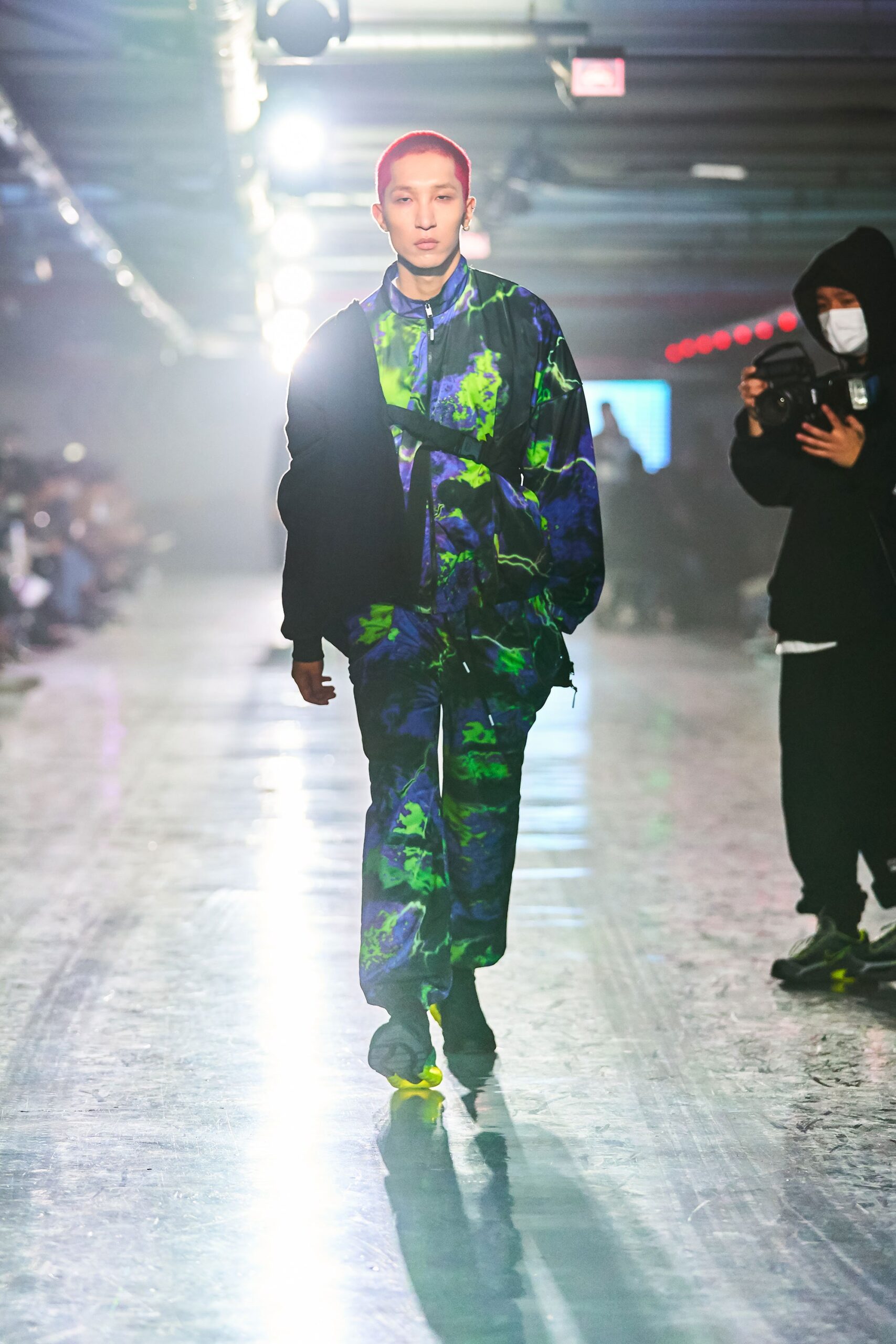 A relaxed blue and green printed jacket paired with matching pants, featuring a long-sleeve design.
