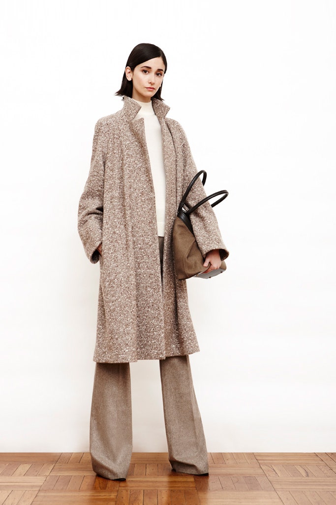 beige oversized wool coat with white top