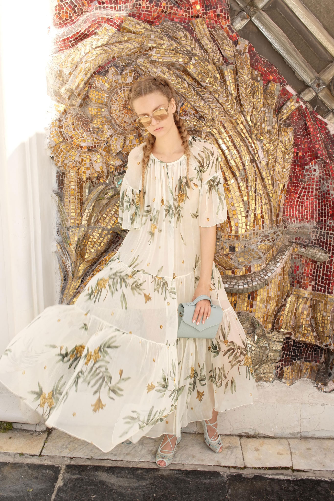 ivory floral maxi dress with blue bag