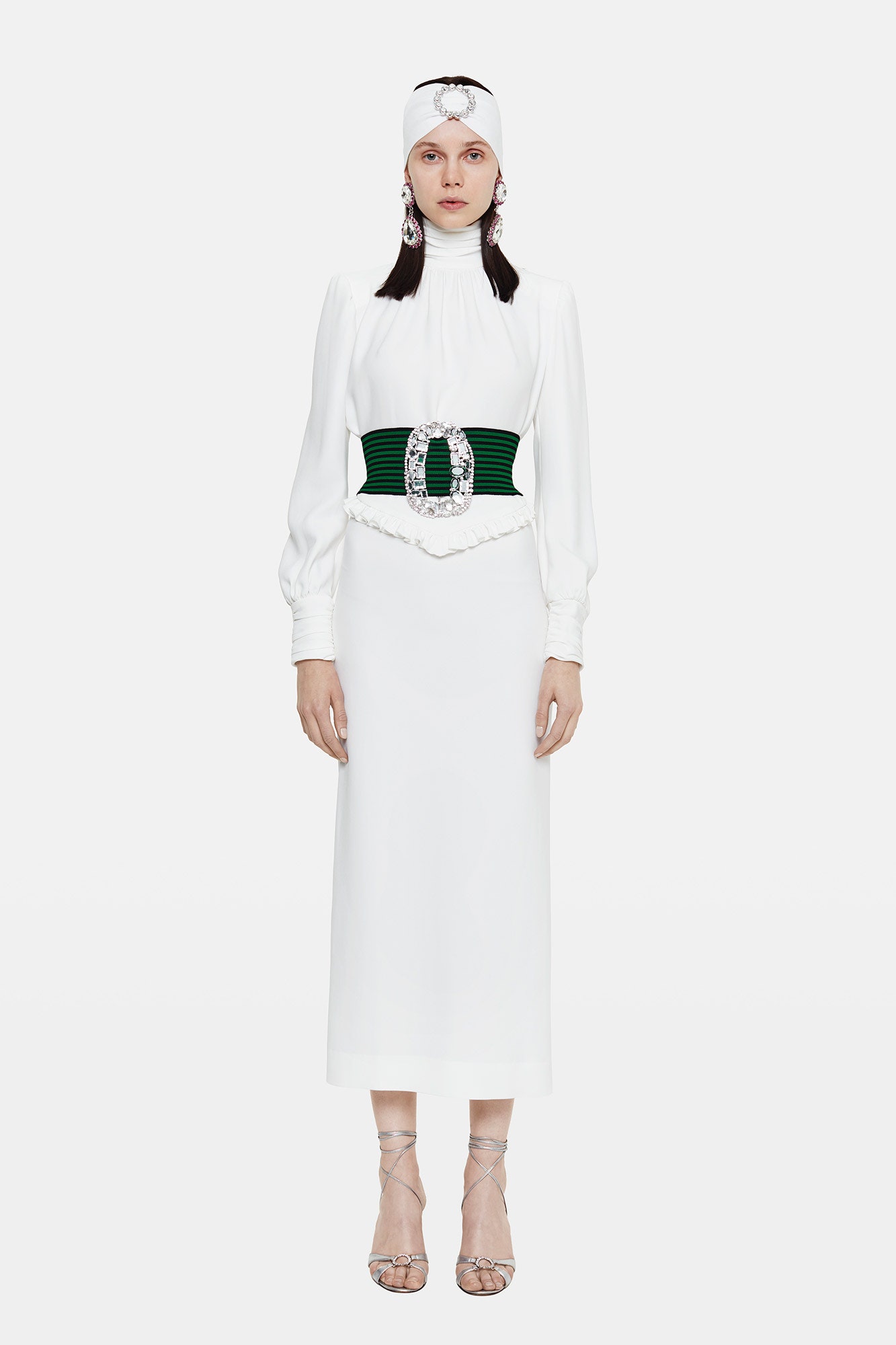 white silk long-sleeve high-neck fitted straight-leg belted dress
