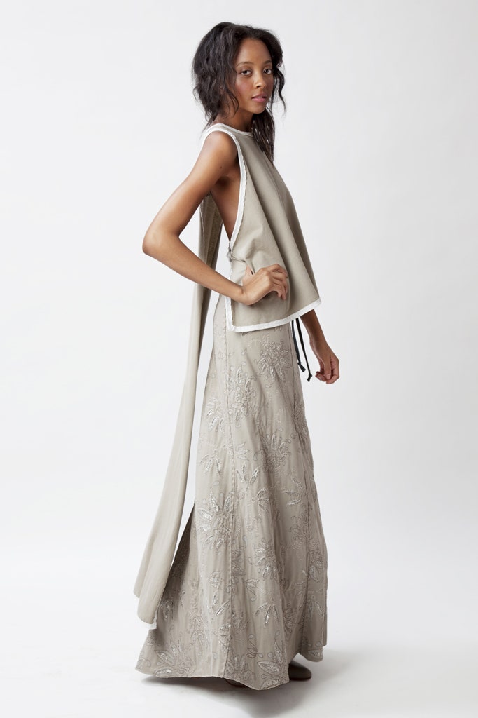 beige embroidered maxi dress with gray cape
