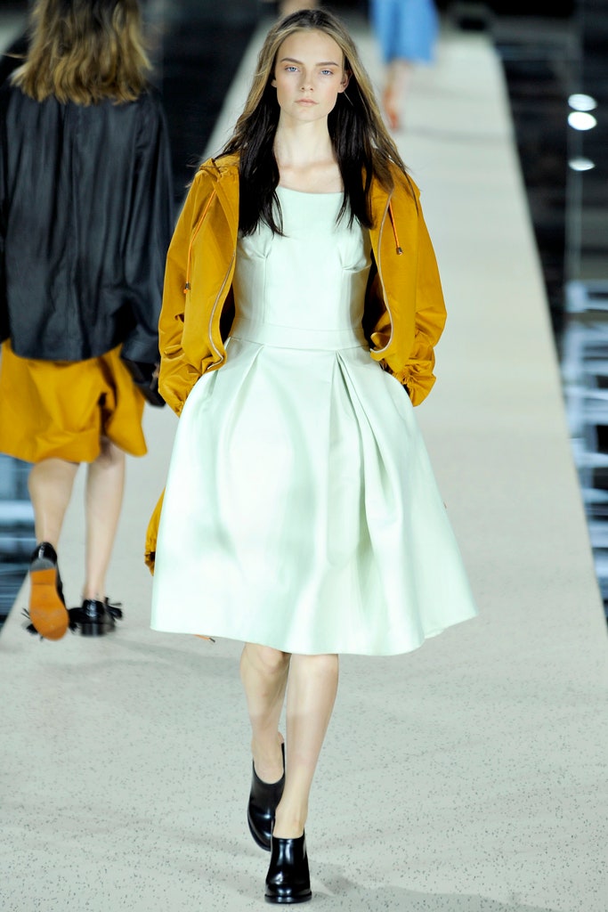 mint silk pleated midi dress with oversized orange jacket