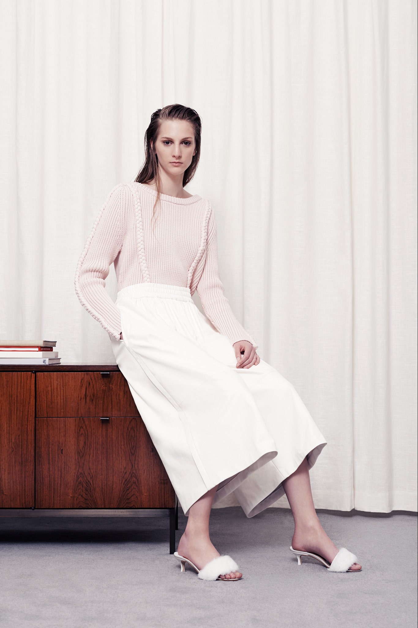 pink cotton long-sleeve collared fitted ribbed sweater