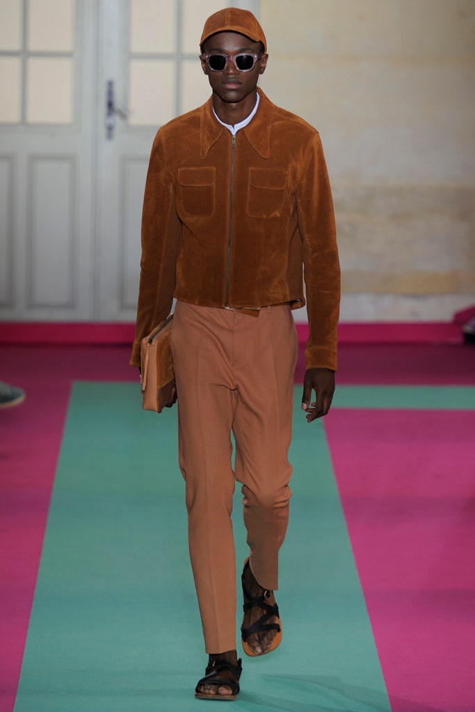 brown suede jacket with tan pants