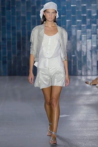 white pleated blouse gray jacket short skirt