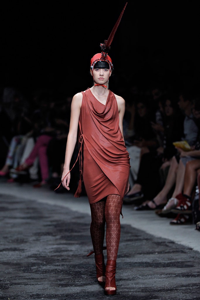 red silk draped mini dress