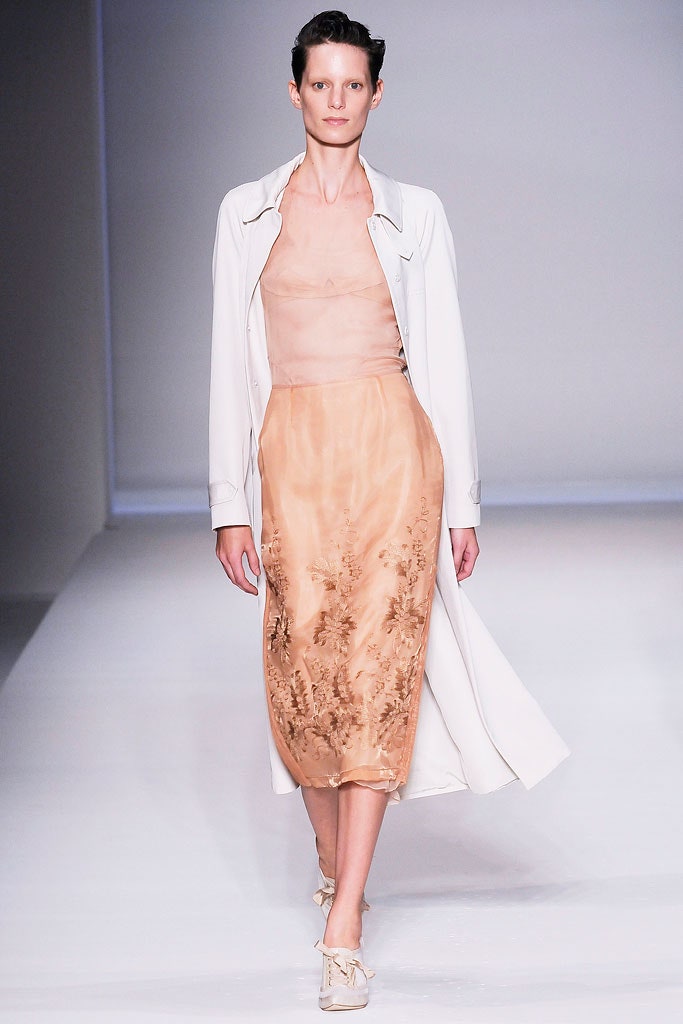 white silk coat and beige dress