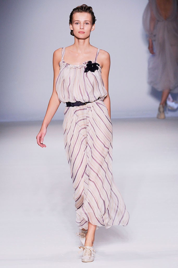 beige and purple striped dress