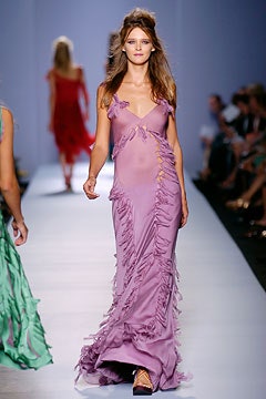 purple silk ruffled gown