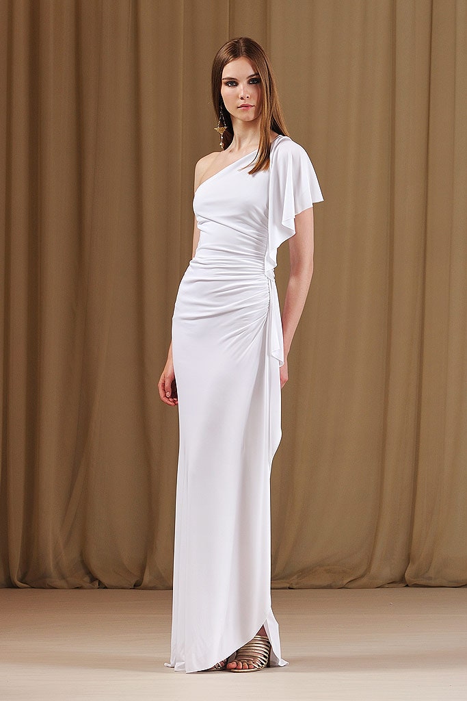 white fitted one-shoulder gown