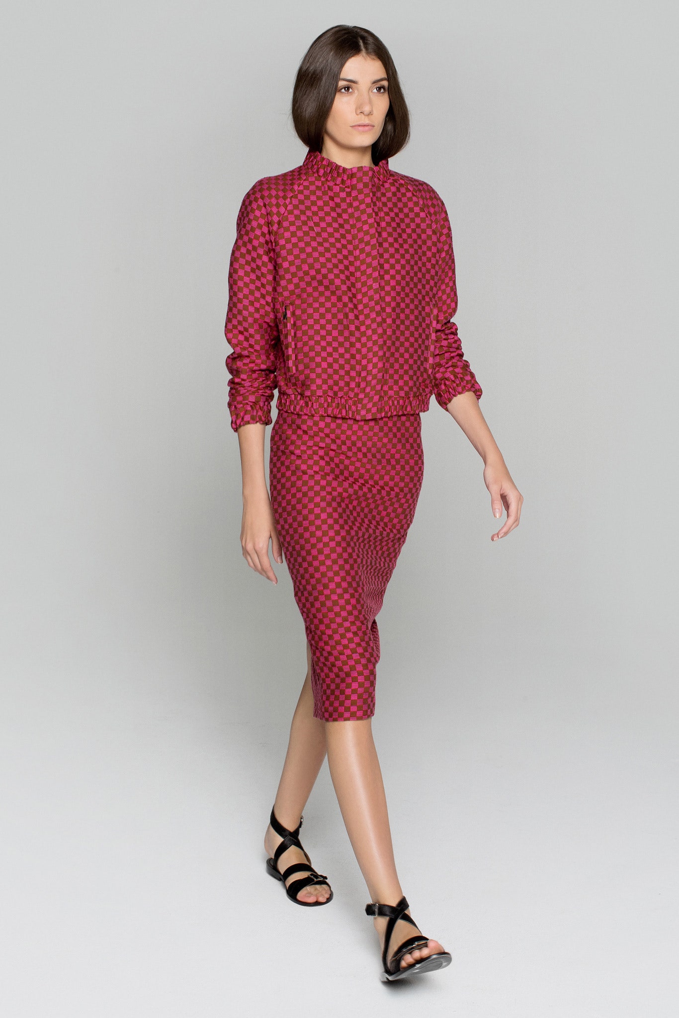red silk long-sleeve collared fitted zippered jacket