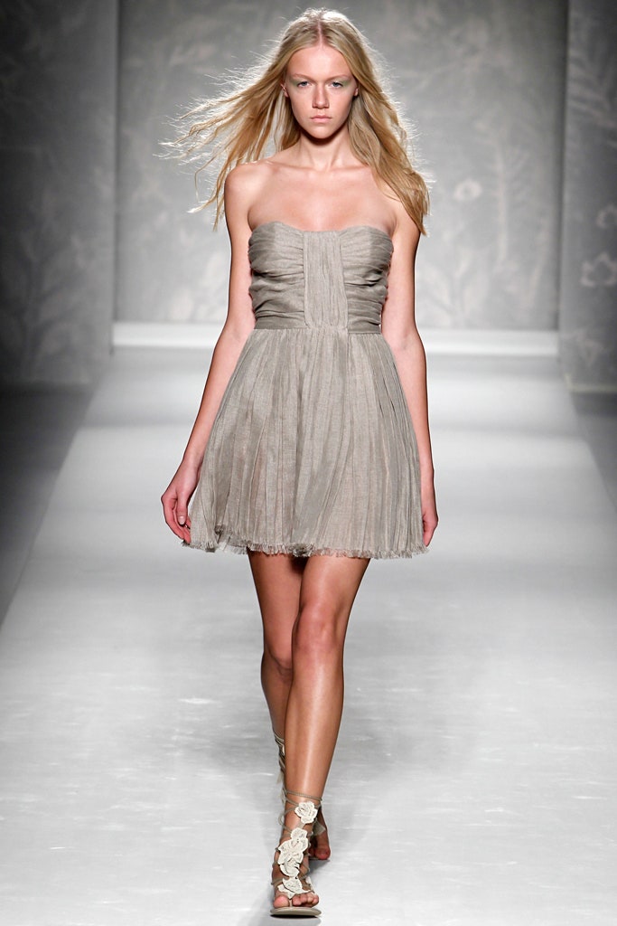 beige silk strapless pleated dress