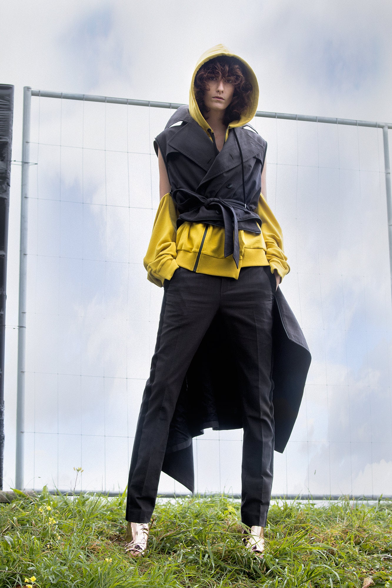 yellow cotton long-sleeve hooded relaxed hoodie