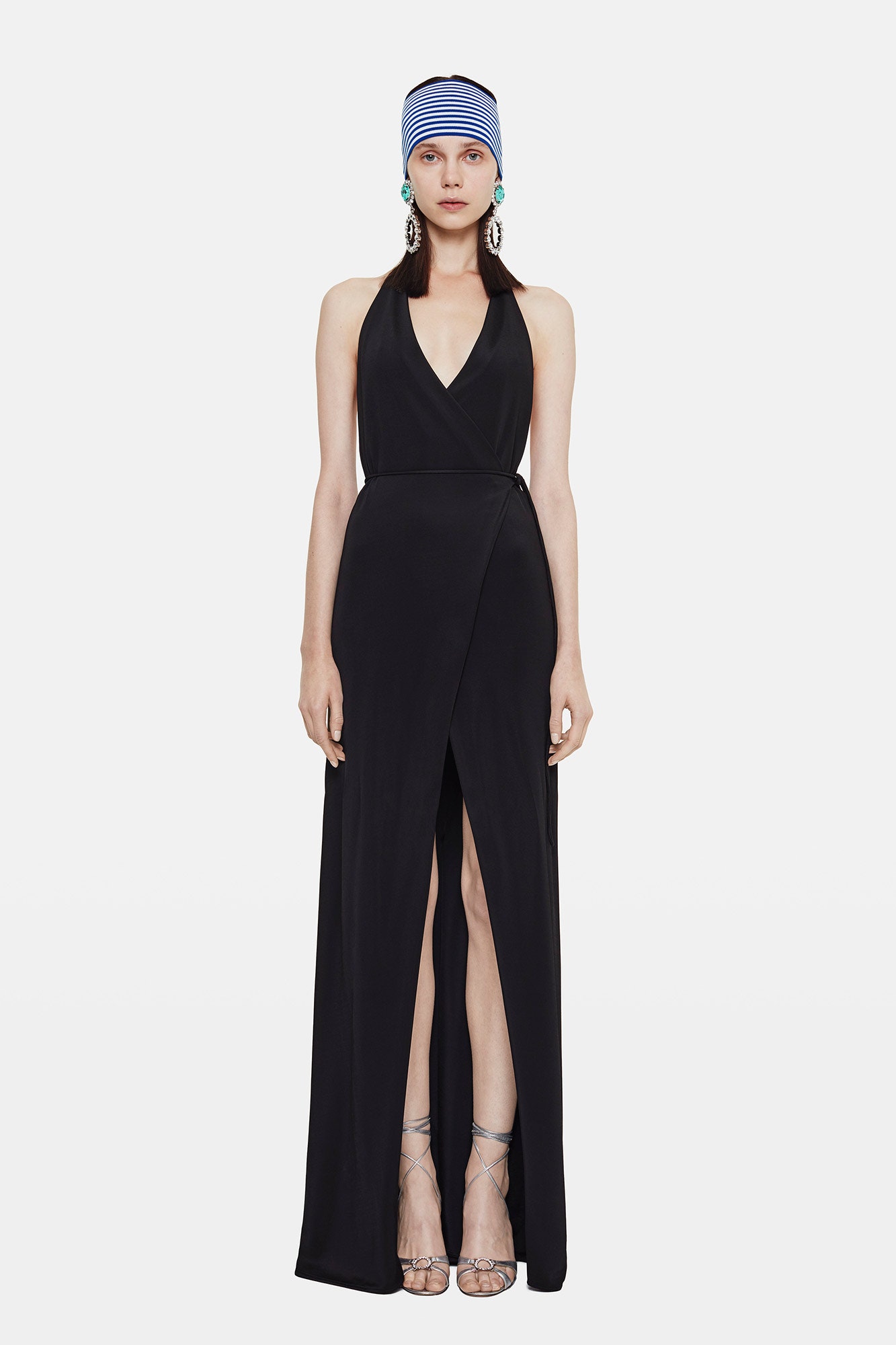fitted black silk gown