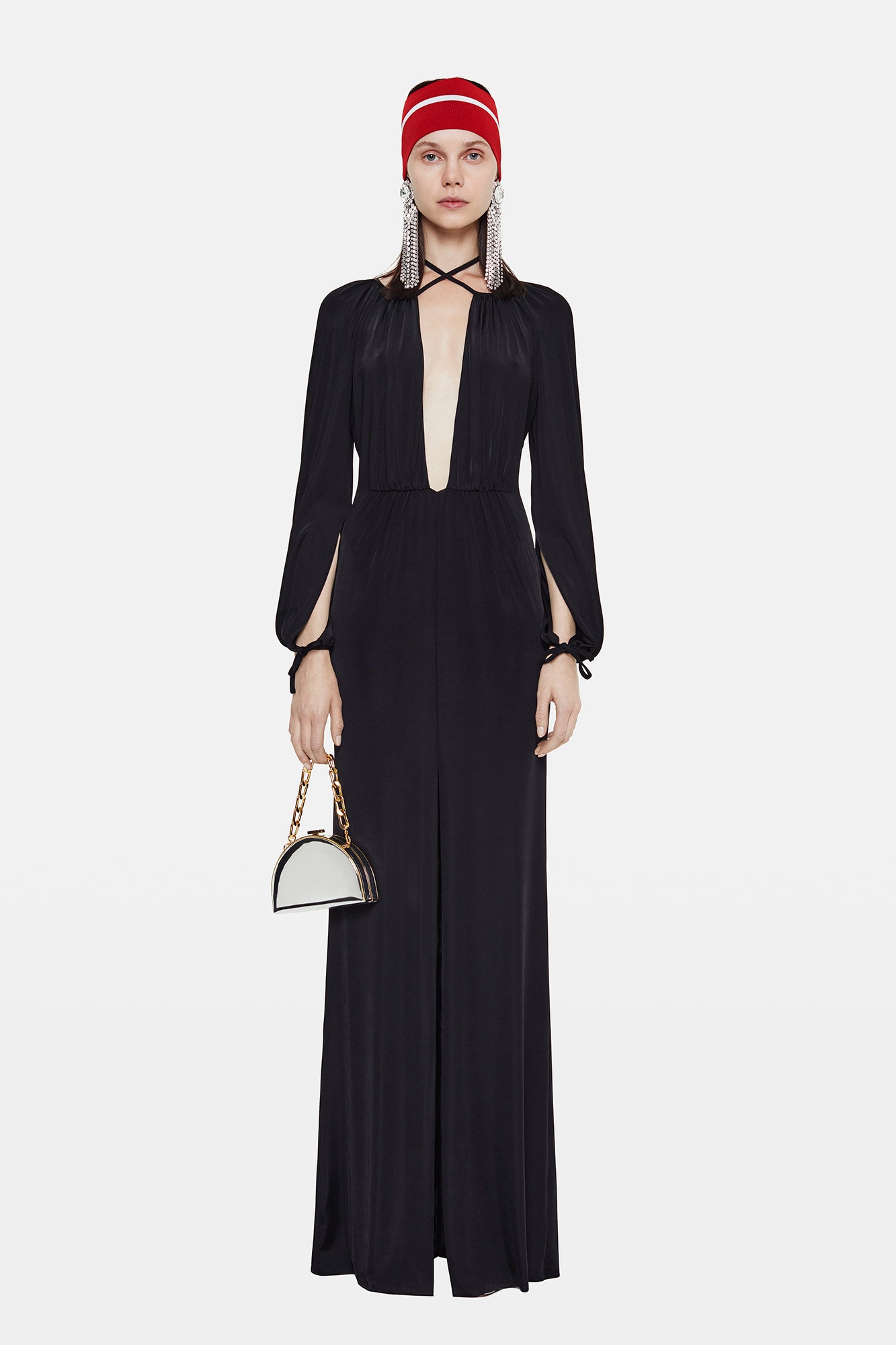 black silk long-sleeve v-neck fitted maxi gown