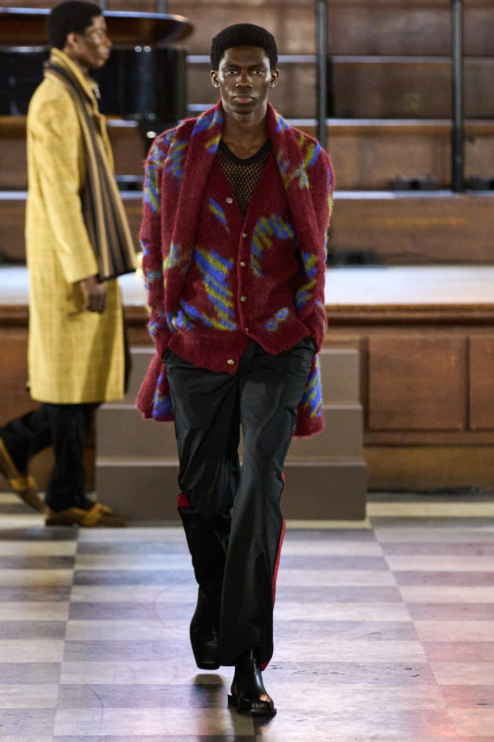 red wool long-sleeve collared relaxed layered buttoned coat