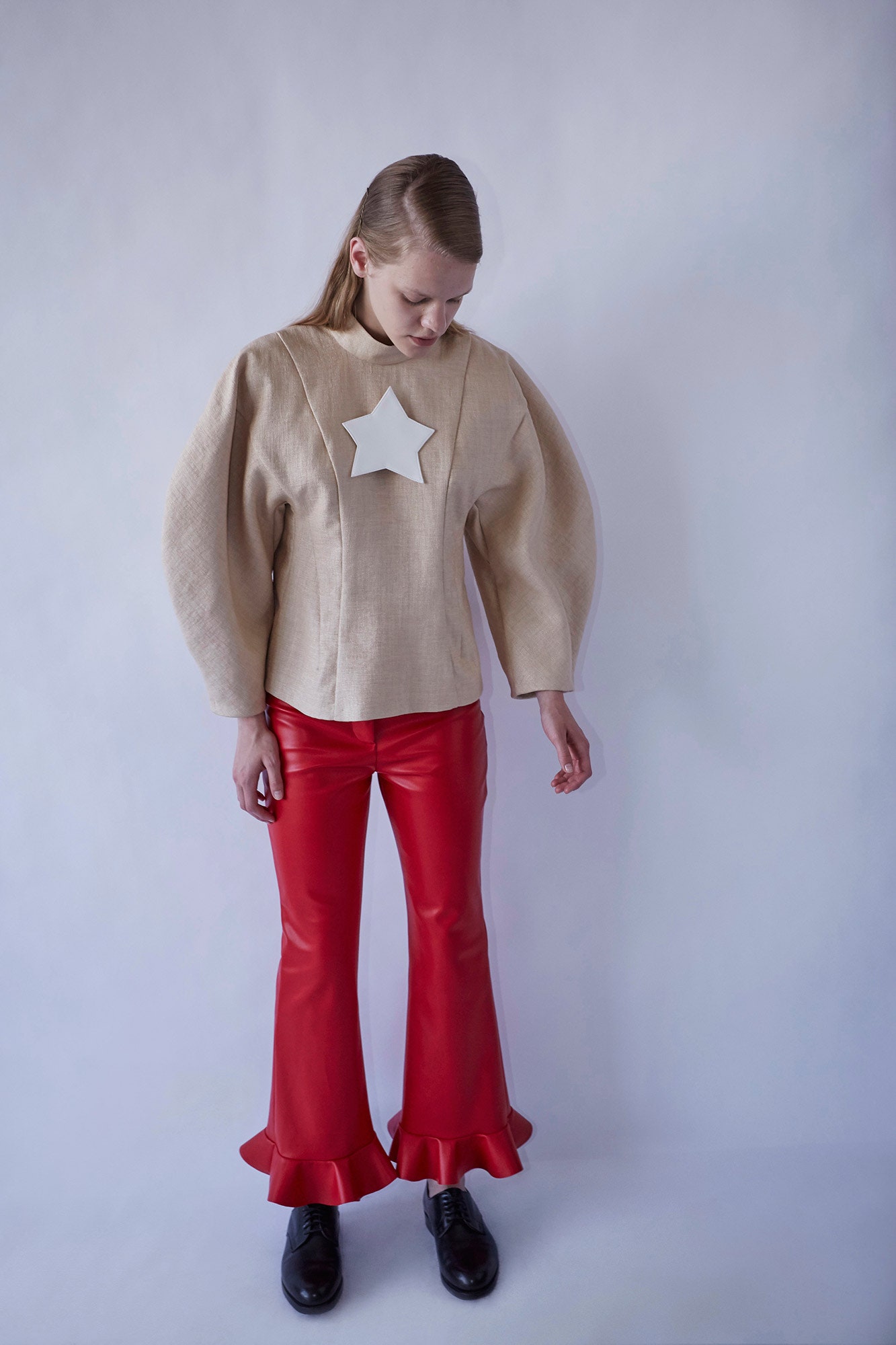 red leather fitted flared pants