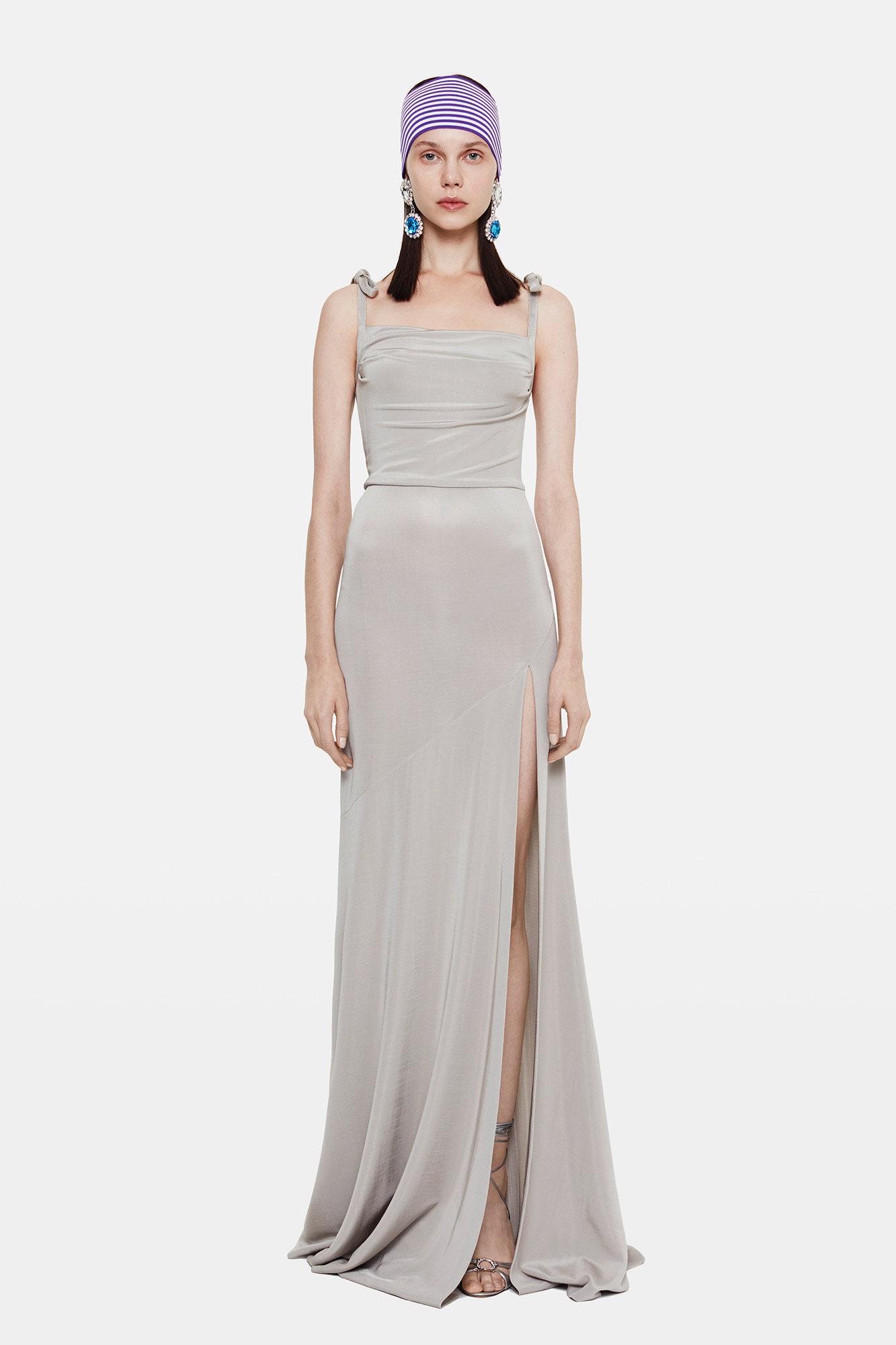 fitted gray silk gown