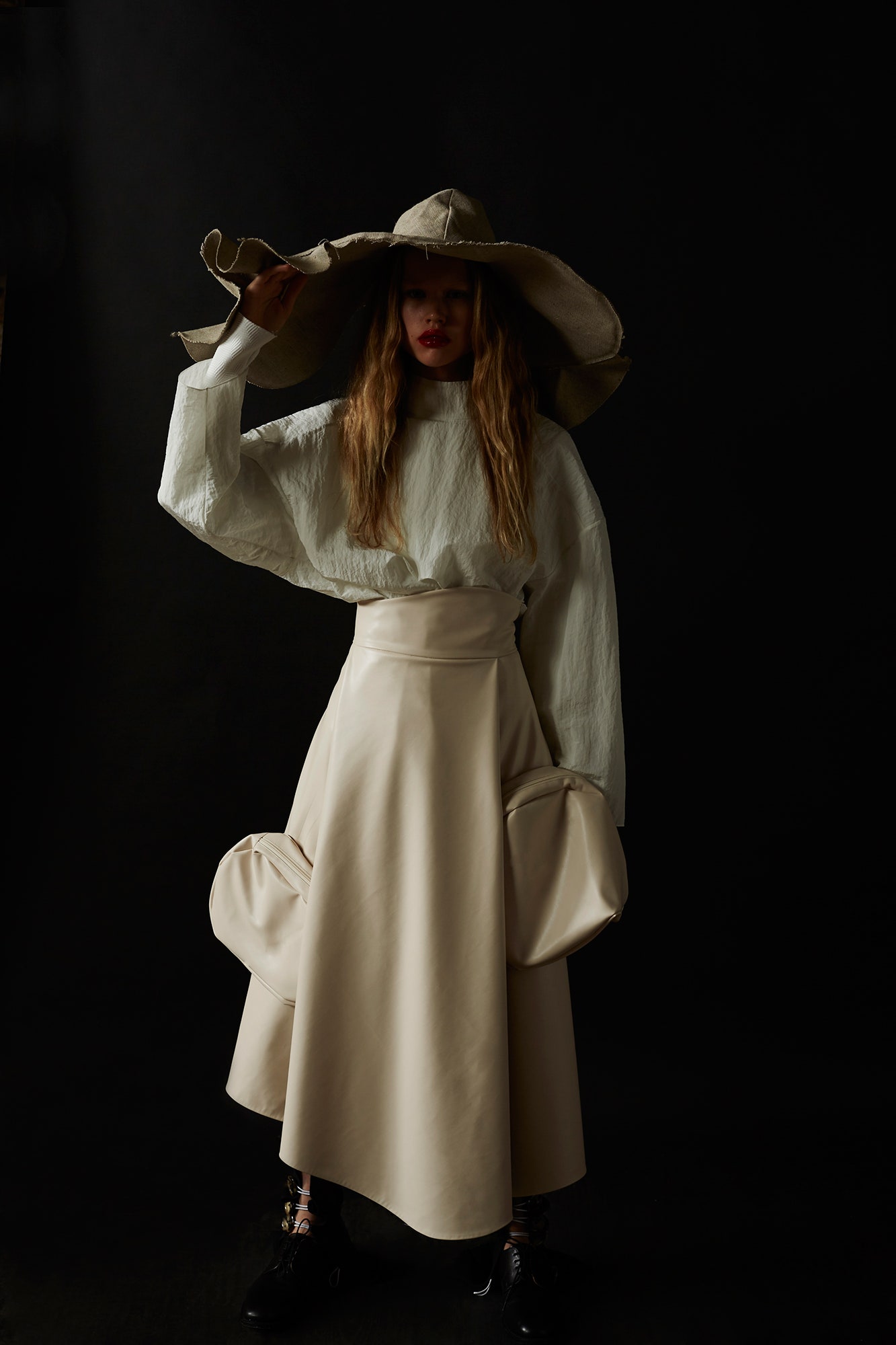white cotton long-sleeve collared relaxed draped blouse