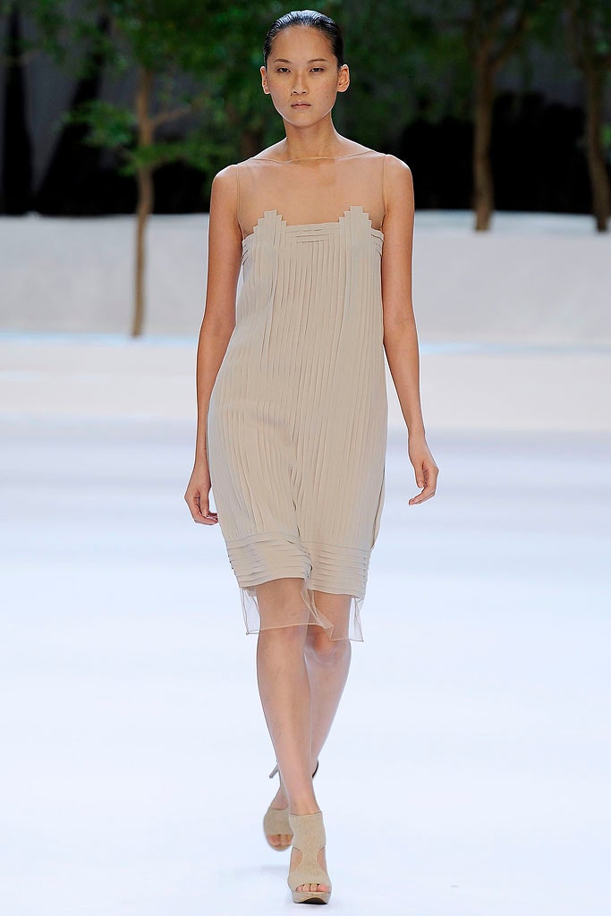 beige silk sleeveless dress