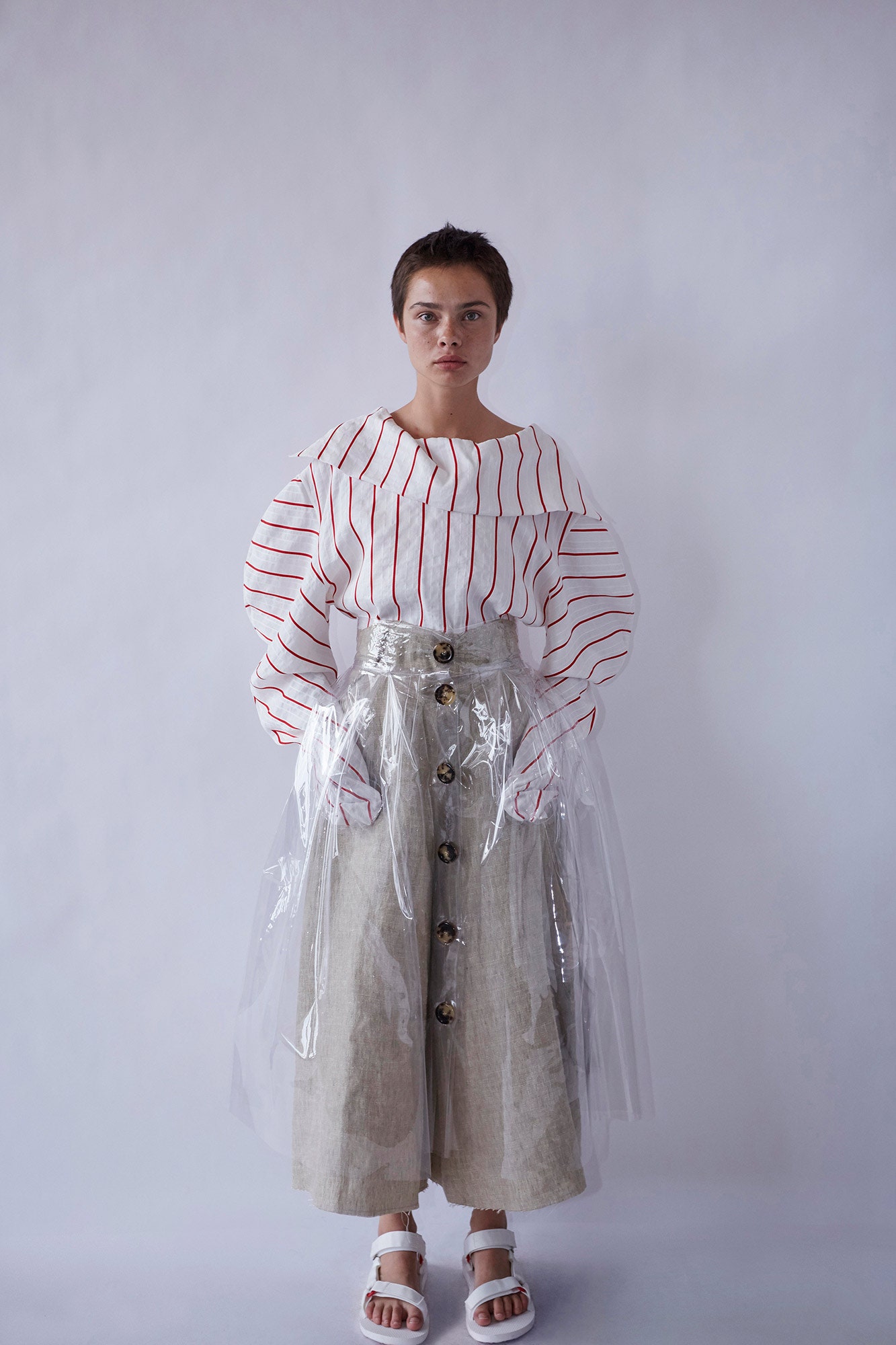 beige linen fitted buttoned tiered midi skirt